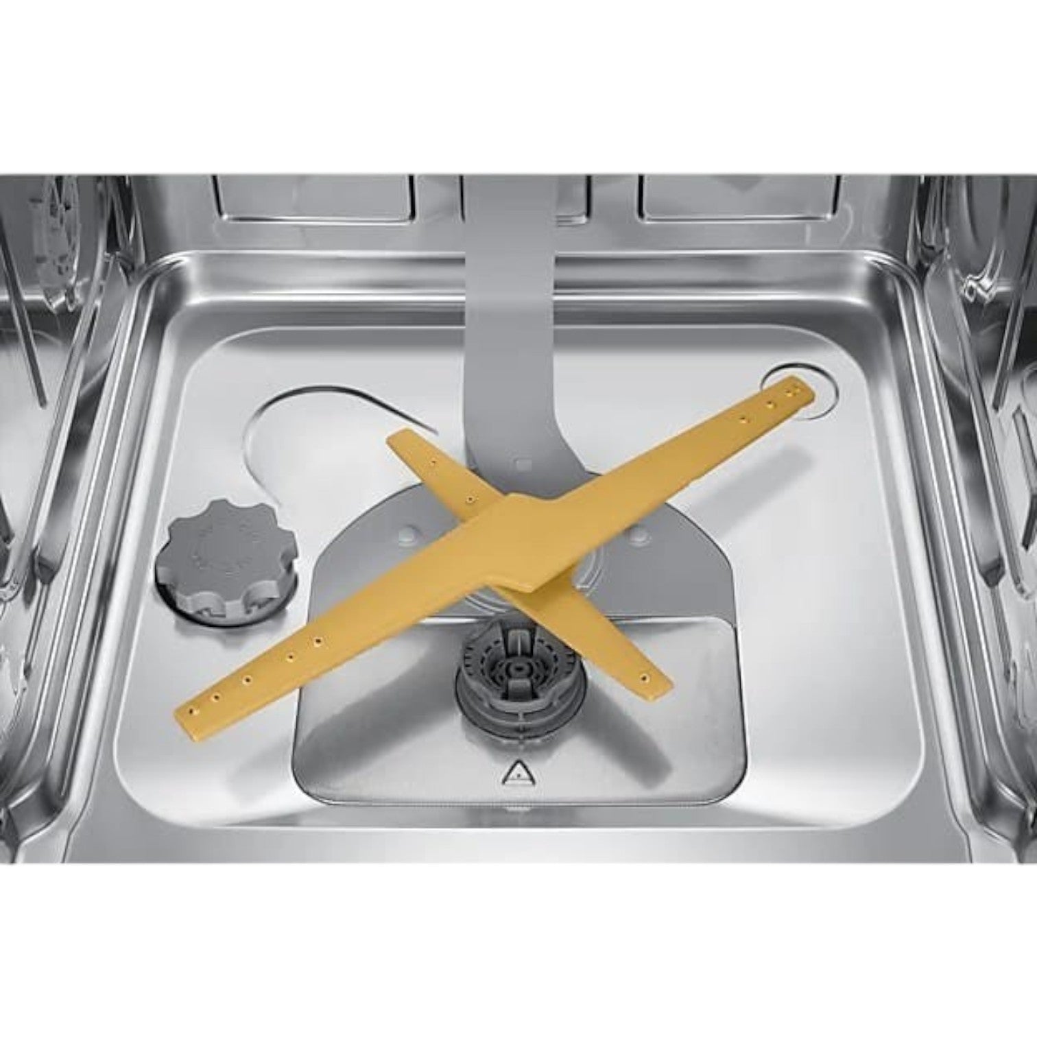 Interior view of an OBtech freestanding dishwasher showing the stainless steel tub and yellow rotating spray arm.