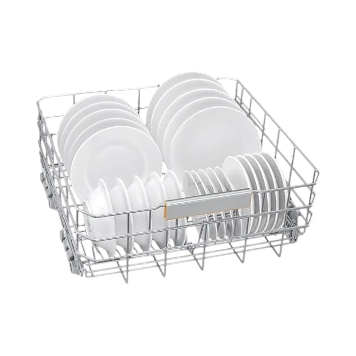 OBtech freestanding dishwasher wire rack filled with clean white plates and bowls for efficient kitchen organization