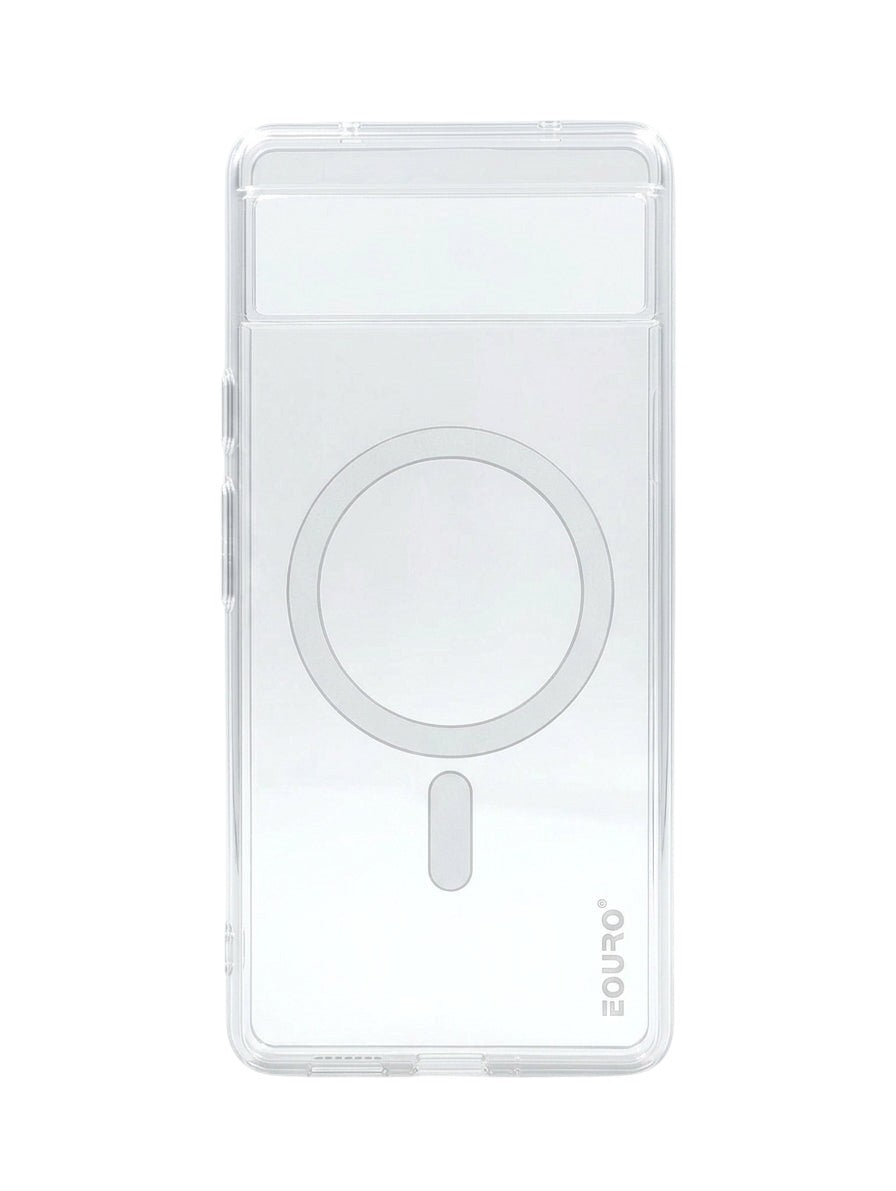 OBtech Eouro transparent plastic protective case for Google Pixel 6a with a slim, clear design and magnetic ring.