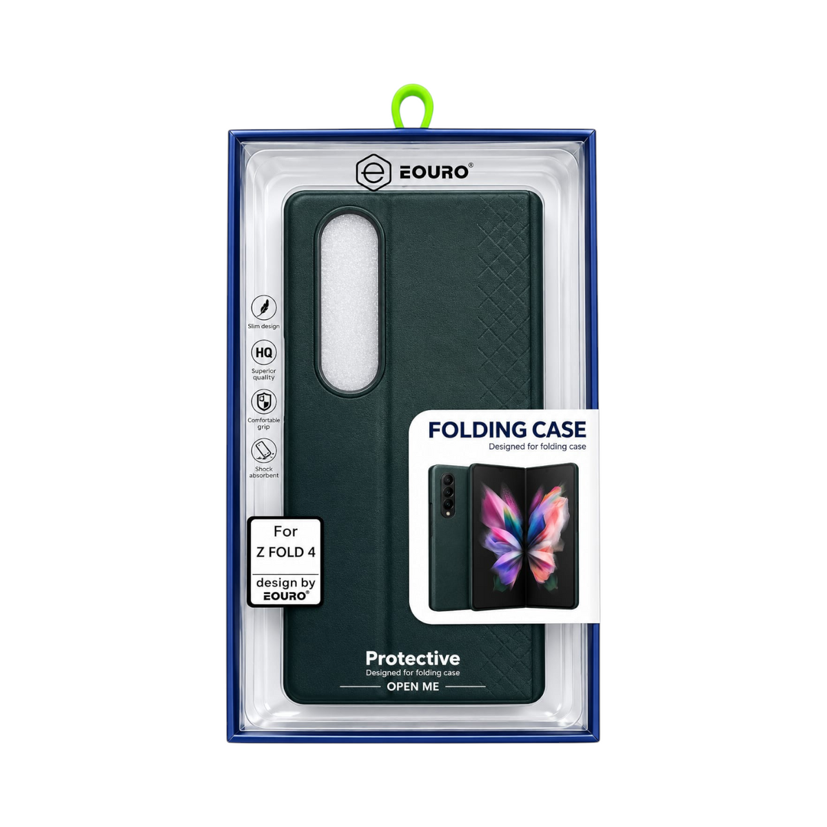 OBtech EUORO dark green leather protective folding case for Samsung Galaxy Z Fold 4 in retail packaging