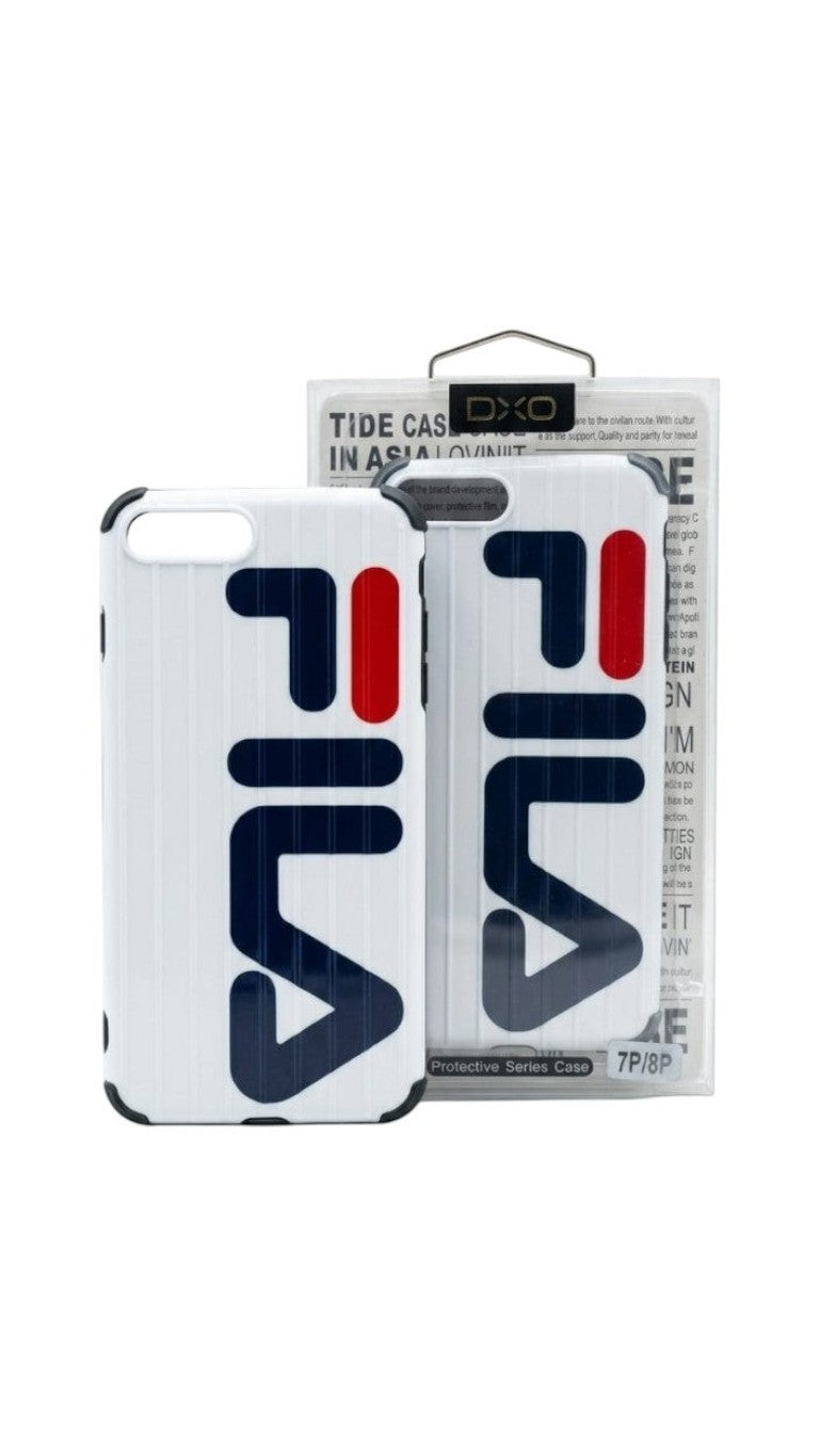 OBtech Fila branded white and blue protective phone case for iPhone 7 Plus and 8 Plus with shock-resistant design