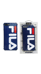 OBtech blue Fila-inspired protective case for iPhone 7 Plus and 8 Plus with a ribbed texture and white logo branding.
