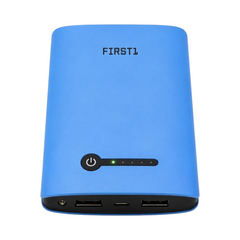 OBtech FIRST 1 blue 5400mAh portable power bank with LED battery indicator and dual USB charging ports