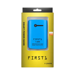 OBtech FIRST 1 Smart Power Bank F-269PB 5400mAh in blue, displayed in its original yellow retail packaging.