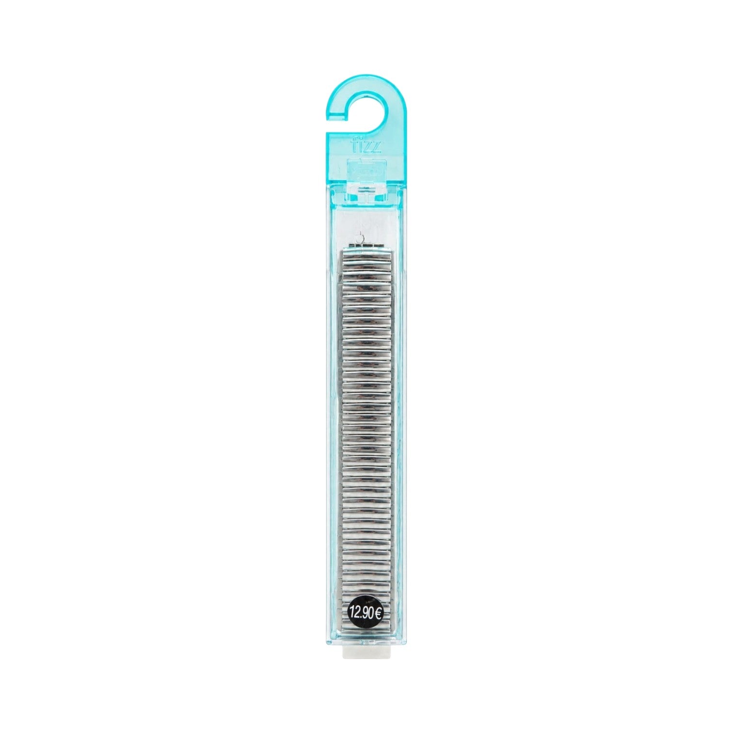 OBtech FIZZ Chain stainless steel smart watch strap in a clear plastic retail packaging with a turquoise hanger.