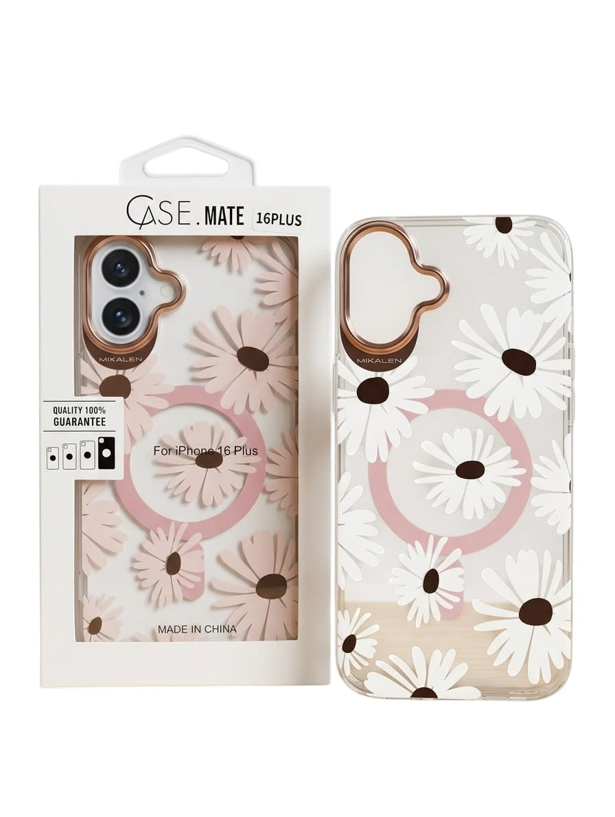 OBtech floral iPhone 16 Plus protective case with white daisy pattern and rose gold camera ring in retail packaging