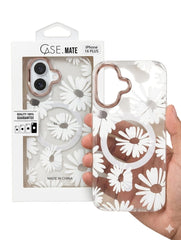 OBtech floral iPhone 16 Plus case with white daisy pattern and rose gold camera ring held in hand