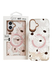 OBtech floral iPhone 16 Plus protective case with white daisy pattern and rose gold camera ring in retail packaging