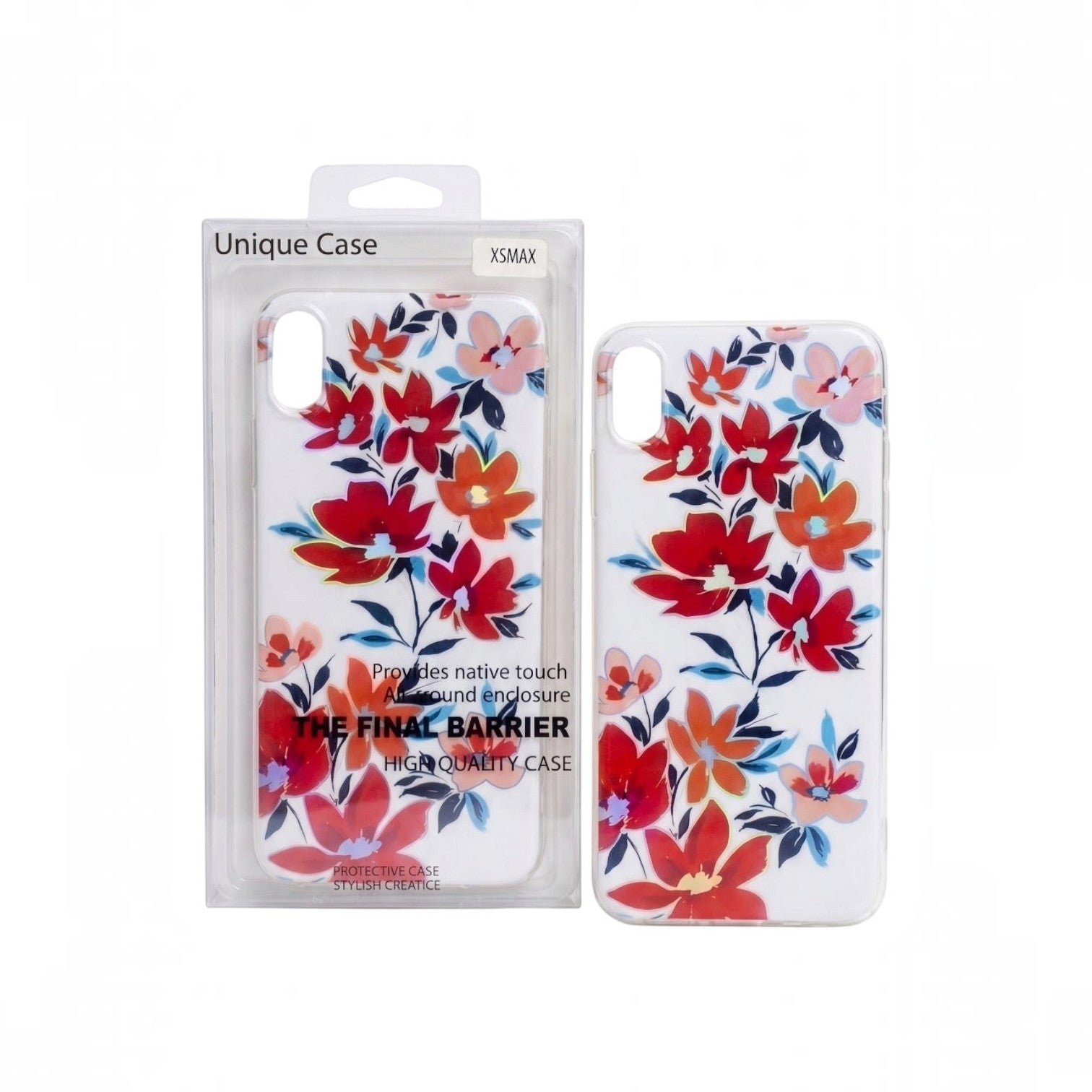 OBtech floral iPhone case with red and orange flower pattern on a clear background, shown in retail packaging.