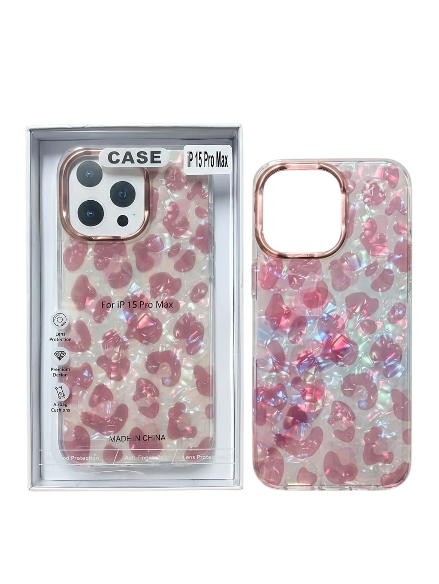 OBtech premium floral protective case for iPhone 15 Pro Max with iridescent pink pattern and rose gold camera trim.