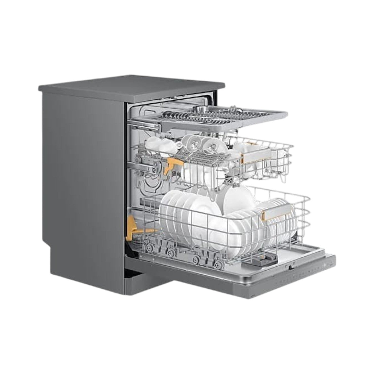 OBtech freestanding dishwasher in grey with an open door showing three adjustable racks filled with clean dishes.