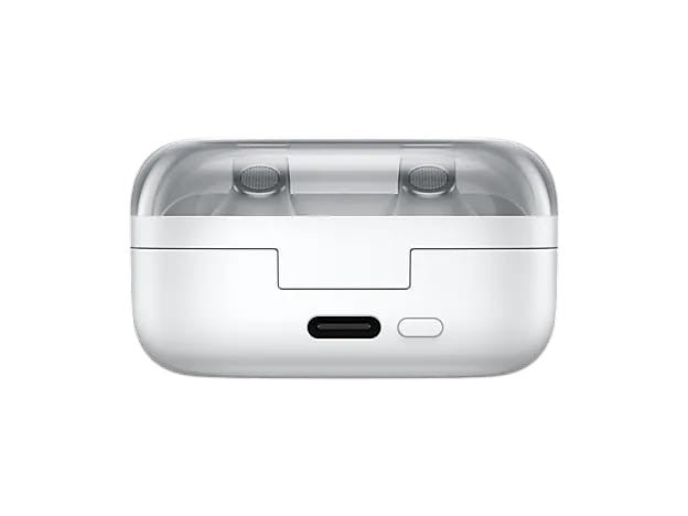 OBtech Galaxy Buds4 white charging case with visible USB-C port and pairing button, rear view