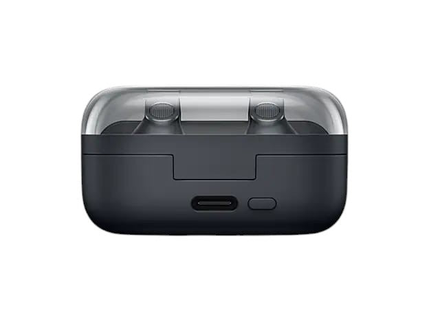 OBtech Galaxy Buds4 charging case in matte black with a transparent lid and USB-C port, front view.