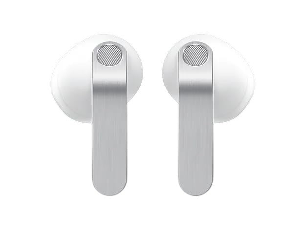 OBtech Galaxy Buds4 wireless earbuds featuring a white ergonomic body and a brushed metal blade stem design.