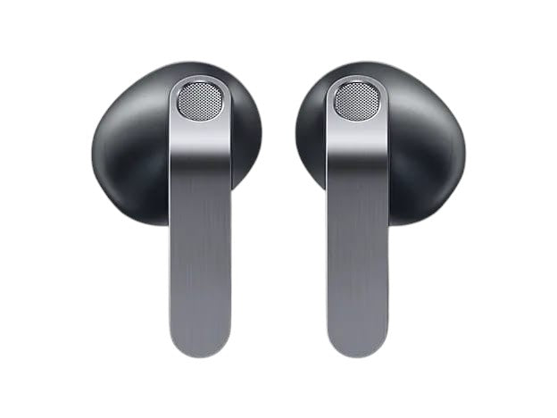 OBtech Galaxy Buds4 wireless earbuds in dark grey with a sleek metal blade stem design against a black background.