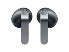 OBtech Galaxy Buds4 wireless earbuds in dark grey with a sleek metal blade stem design against a black background.