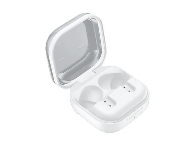 OBtech white Galaxy Buds4 Pro charging case with lid open, showcasing the sleek ergonomic interior design.