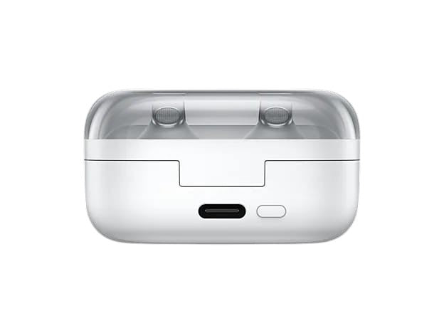OBtech Galaxy Buds4 Pro wireless charging case in white with USB-C port and transparent lid view