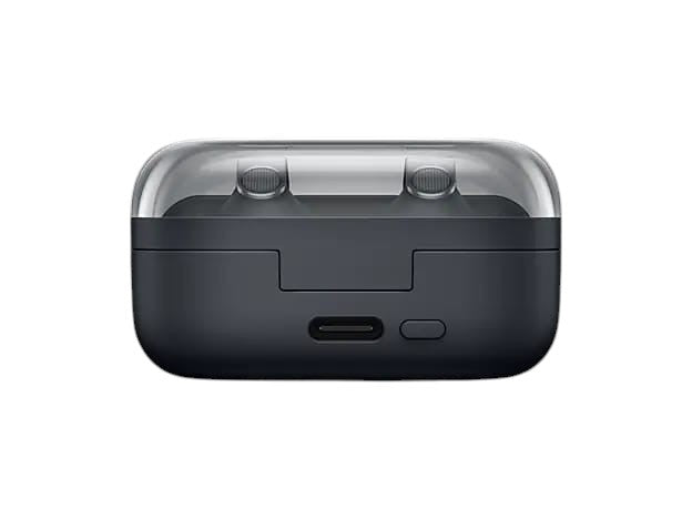 OBtech Samsung Galaxy Buds4 Pro charging case in black with a transparent lid and USB-C port, front view.