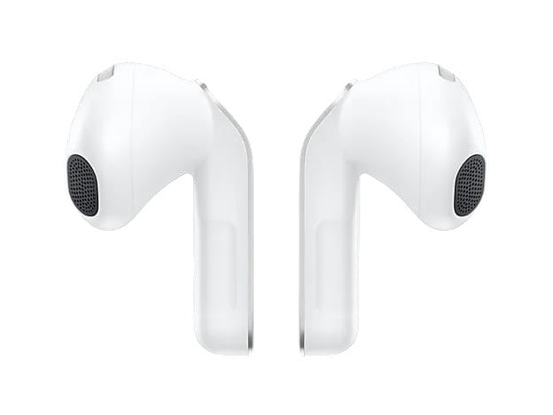 OBtech Galaxy Buds4 white wireless earbuds with a sleek metal blade stem design and ergonomic fit.