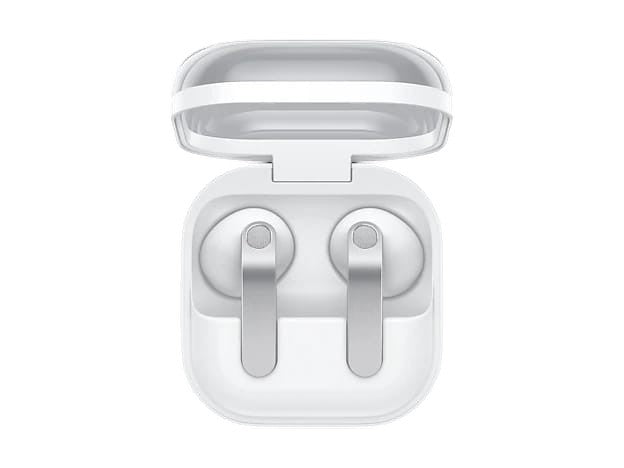 OBtech Galaxy Buds4 white wireless earbuds with metal blade stems inside an open charging case