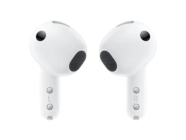OBtech Galaxy Buds4 white wireless earbuds with metal blade stem design and ergonomic open-fit shape