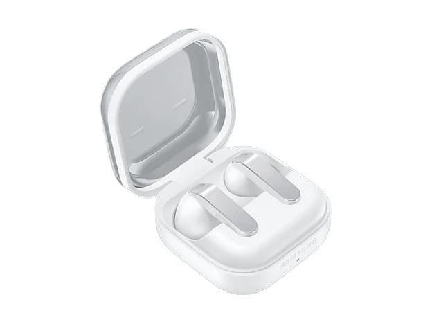 OBtech Galaxy Buds4 white wireless earbuds with metal blade stems inside their open charging case.
