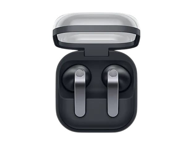OBtech Galaxy Buds4 wireless earbuds with metal blade stems inside an open charging case in a sleek black finish.