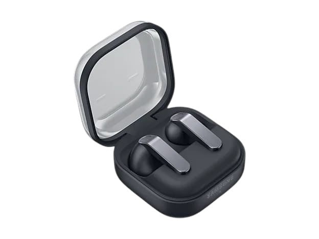 OBtech Galaxy Buds4 wireless earbuds with metal blade stems inside their open black charging case.
