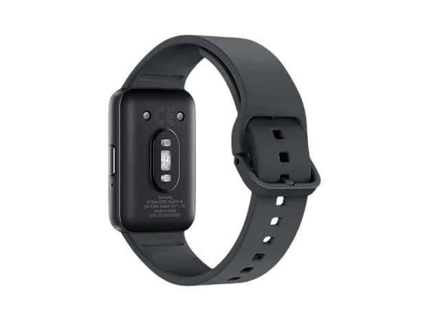 OBtech Galaxy Fit3 fitness tracker showing the back sensor array and black silicone strap