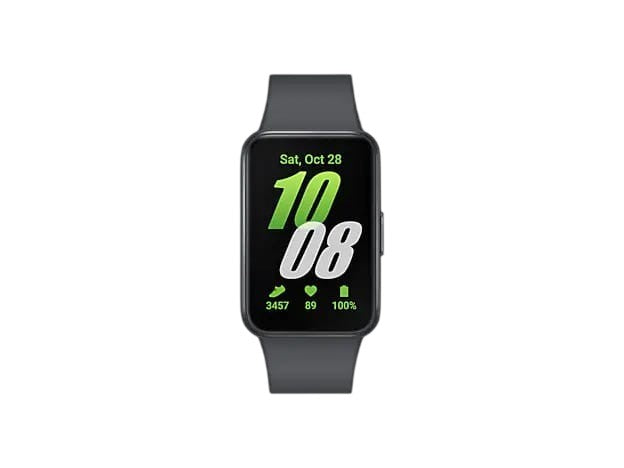 OBtech Galaxy Fit3 fitness tracker with a 1.6-inch AMOLED display showing time and health stats on a black background