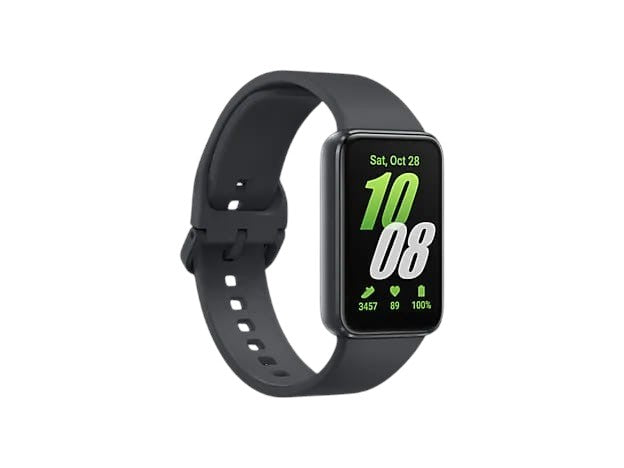 OBtech Galaxy Fit3 fitness tracker with a black silicone strap and a vibrant 1.6-inch AMOLED display.