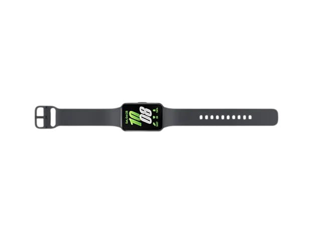 OBtech Galaxy Fit3 fitness tracker with a black aluminum body and silicone strap, featuring a 1.6-inch AMOLED display
