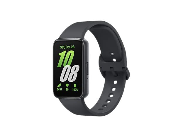 OBtech Galaxy Fit3 fitness tracker with a black silicone strap and a vibrant 1.6-inch AMOLED touchscreen display.