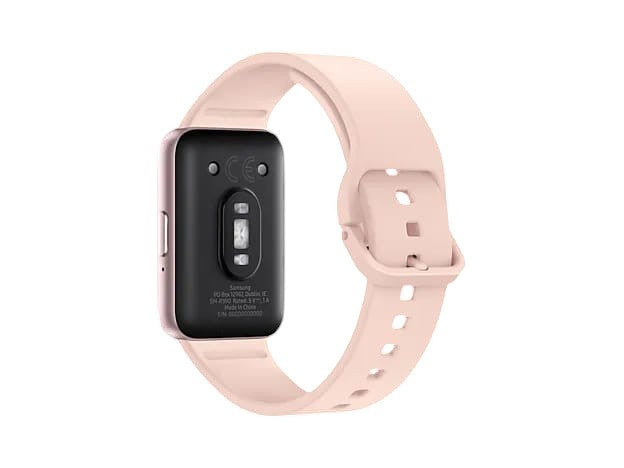 OBtech Samsung Galaxy Fit3 fitness tracker in pink, showing the back sensor array and silicone strap.