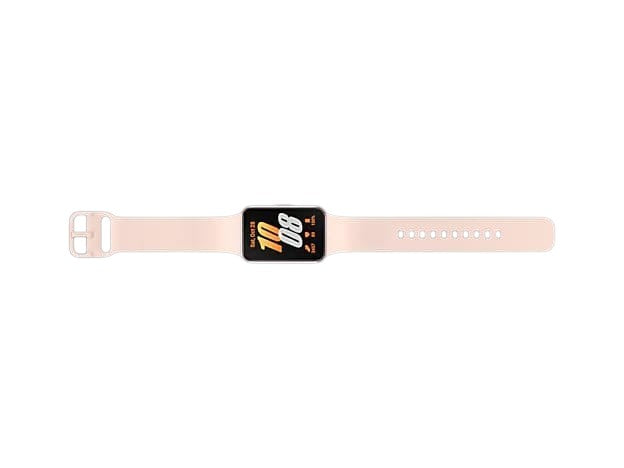 OBtech Galaxy Fit3 fitness tracker with a light pink silicone strap and a vibrant 1.6-inch AMOLED display