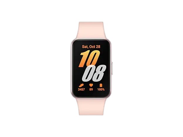 OBtech Galaxy Fit3 fitness tracker in pink with a 1.6-inch AMOLED display showing time, date, and health metrics.