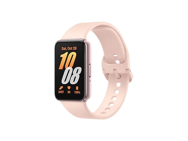 OBtech Galaxy Fit3 fitness tracker in pink with a 1.6-inch AMOLED display and lightweight aluminum body.