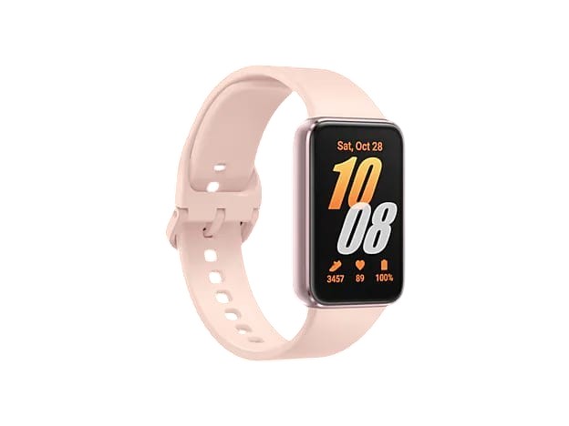 OBtech Galaxy Fit3 fitness tracker in soft pink with a 1.6-inch AMOLED display and lightweight aluminum body.