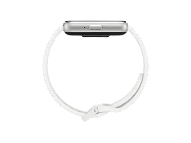 Side profile of the OBtech Galaxy Fit3 fitness tracker with a sleek silver aluminum body and white silicone band.