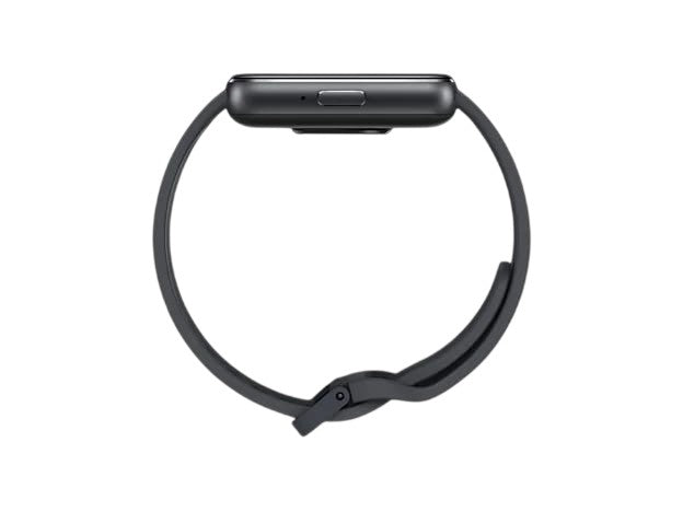 Side profile of the OBtech Galaxy Fit3 fitness tracker featuring a slim aluminum body and black silicone strap.