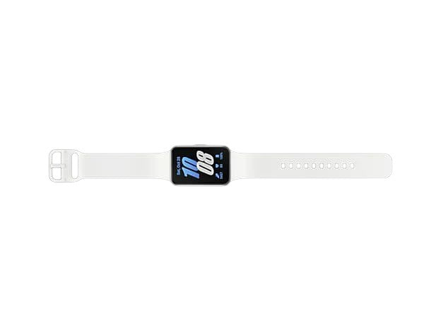 OBtech Galaxy Fit3 fitness tracker with a white silicone strap and a bright 1.6-inch AMOLED display
