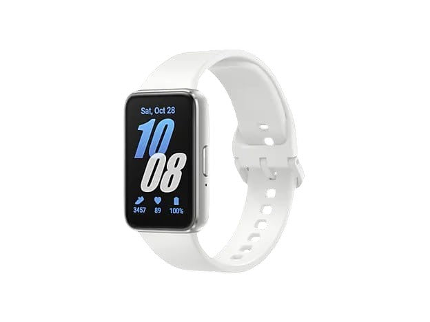 OBtech Galaxy Fit3 fitness tracker with a white silicone band and a bright 1.6-inch AMOLED display on black background