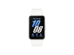 OBtech Galaxy Fit3 fitness tracker with a white silicone band and a bright 1.6-inch AMOLED display on black background