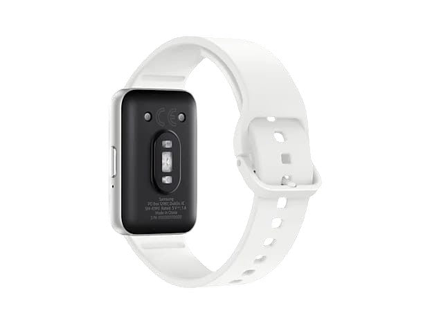 OBtech Galaxy Fit3 fitness tracker showing the white silicone strap and rear sensor array on a black background