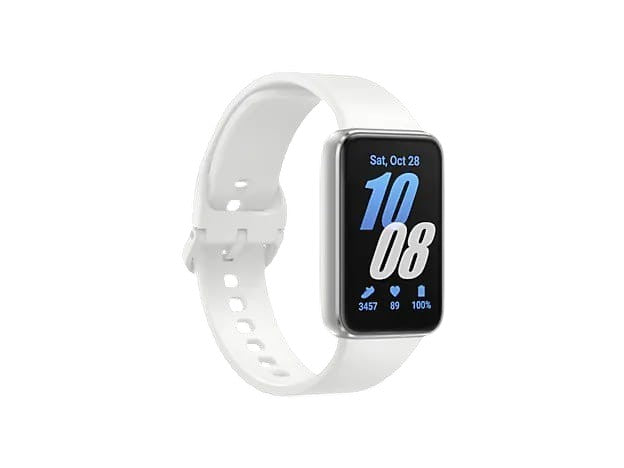 OBtech Galaxy Fit3 fitness tracker with a white silicone strap and a bright 1.6-inch AMOLED display.