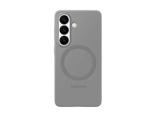 OBtech grey silicone magnetic case for Galaxy S26 with built-in wireless charging ring and camera cutouts