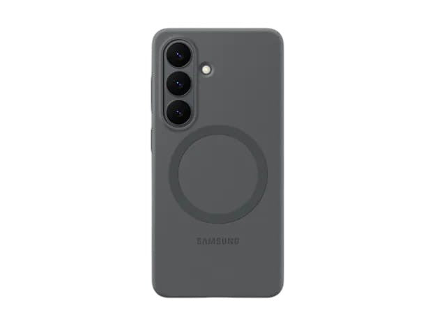 OBtech Galaxy S26 grey silicone magnetic case with a smooth finish and circular wireless charging alignment ring.