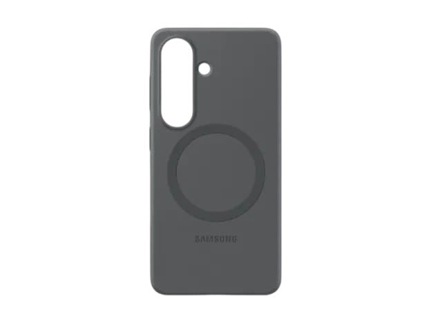 OBtech Galaxy S26 grey silicone magnetic phone case with a smooth finish and built-in wireless charging ring.