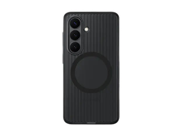 OBtech Galaxy S26 rugged black magnetic case with textured back and raised camera protection for wireless charging.